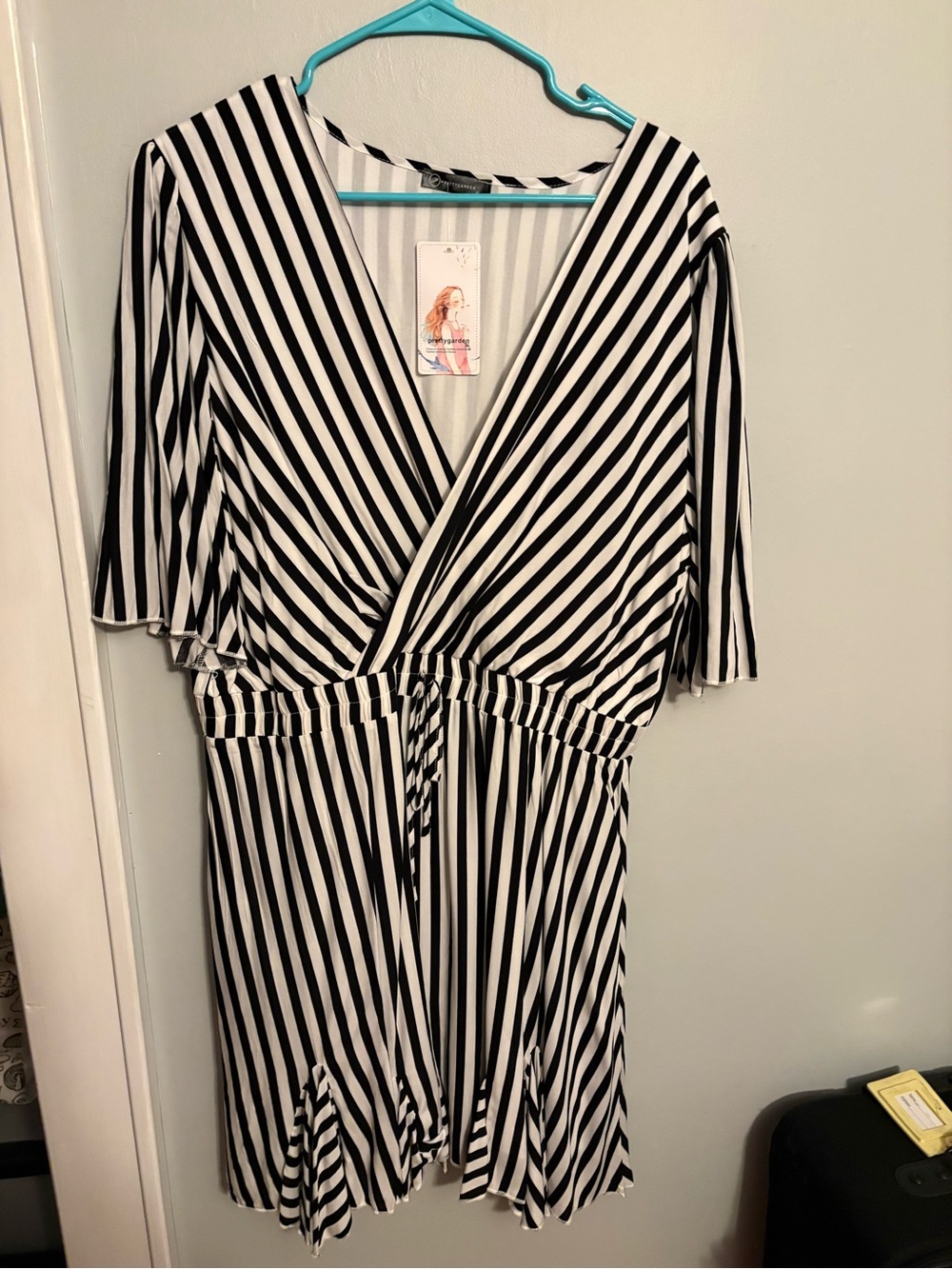 Black & White Striped V-Neck Midi Dress